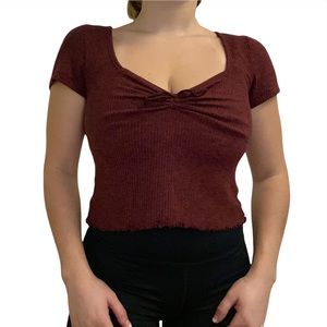 A&F Ribbed Square Neck Burgundy Tie Font Top